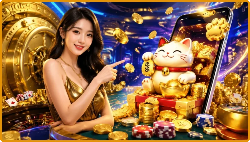 Hình ảnh mèo thần tài Maneki-neko trong bối cảnh Nhật Bản, biểu tượng của game Nổ hũ Lucky