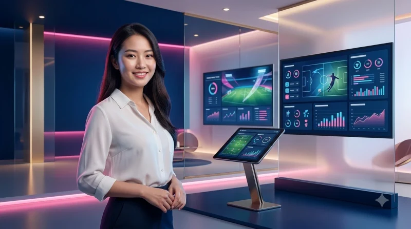 Máy tính bảng hiển thị biểu đồ phân tích kèo bóng đá với hình ảnh holographic phát sáng