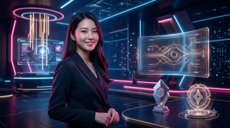 Quang cảnh thành phố kỹ thuật số với các màn hình holographic hiển thị trò chơi casino trực tuyến