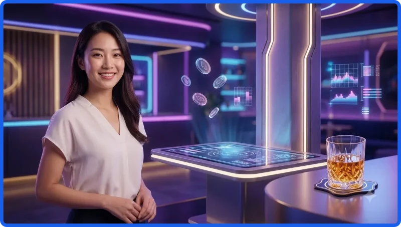 Quang cảnh thành phố kỹ thuật số với các màn hình holographic hiển thị trò chơi casino trực tuyến